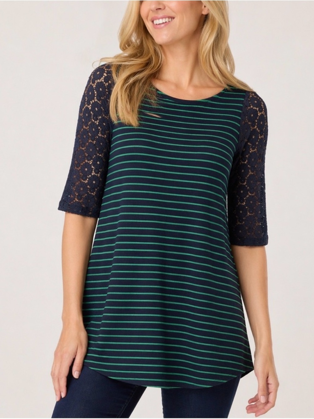 Anthropologie Postmark Striped Tunic Top Lace Sleeve Navy Green XS Coastal Boho